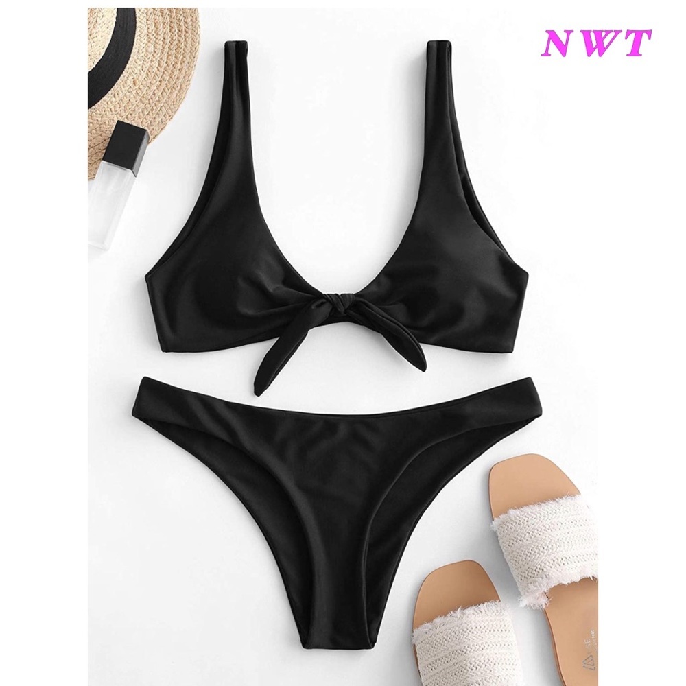 Womens Solid Color Strap Padded Front Knot Bikini Set sz 6 - Picture 1 of 8